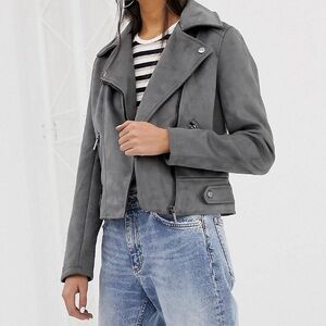 Faux suede biker jacket with front pockets in gray